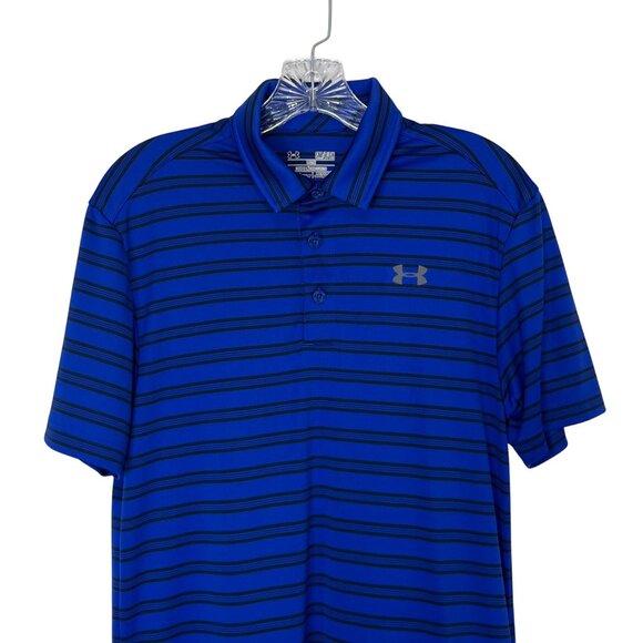 Under Armour Golf Polo Shirt Mens Small Blue Black Loose Fit Striped - Picture 3 of 6